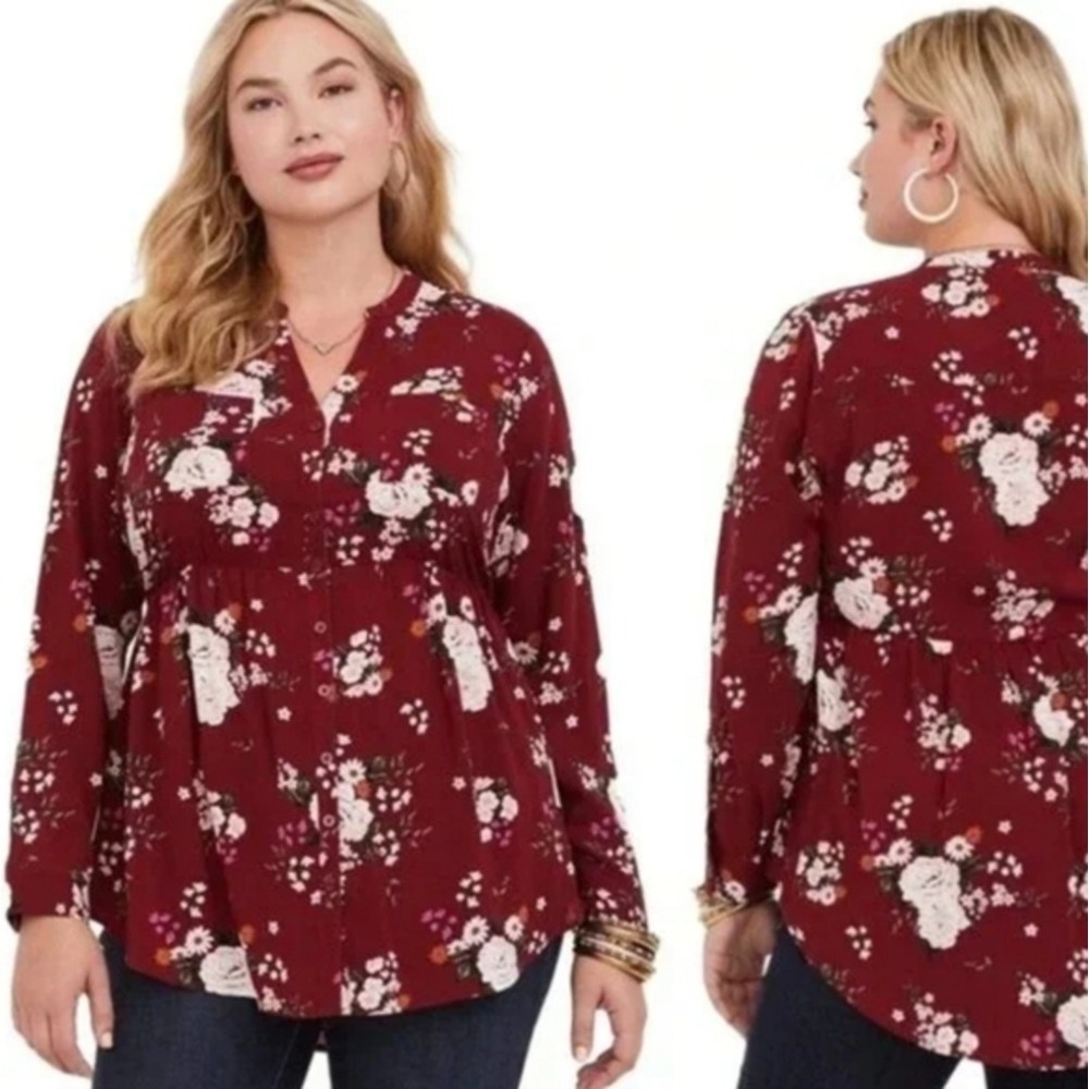 TORRID EMMA RED WINE FLORAL CHALLIS BABYDOLL TUNIC Top‎ Shirt plus size 3 3X